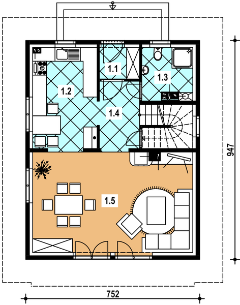 Projekt domu A-133 Dom jaśminowa - z bali - rzut parteru, dom liczy 3 pokoje, 2 łazienki i wc