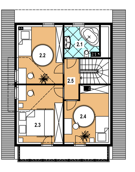 Projekt domu A-133 Dom jaśminowa - z bali - rzut poddasza, dom liczy 3 pokoje, 2 łazienki i wc