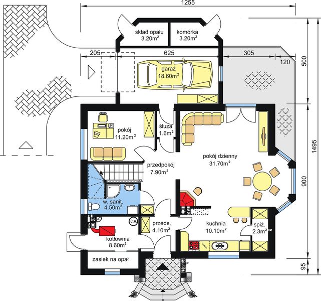 Parter projektu BW-11 z garażem z tyłu budynku