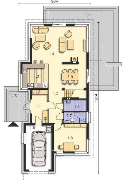 Projekt domu Imperia III DCP286b - rzut parteru, dom liczy 5 pokoje, 3 łazienki i wc