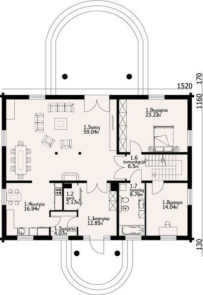 Projekt domu Chmielowice dw - rzut parteru, dom liczy 6 pokoje, 2 łazienki i wc