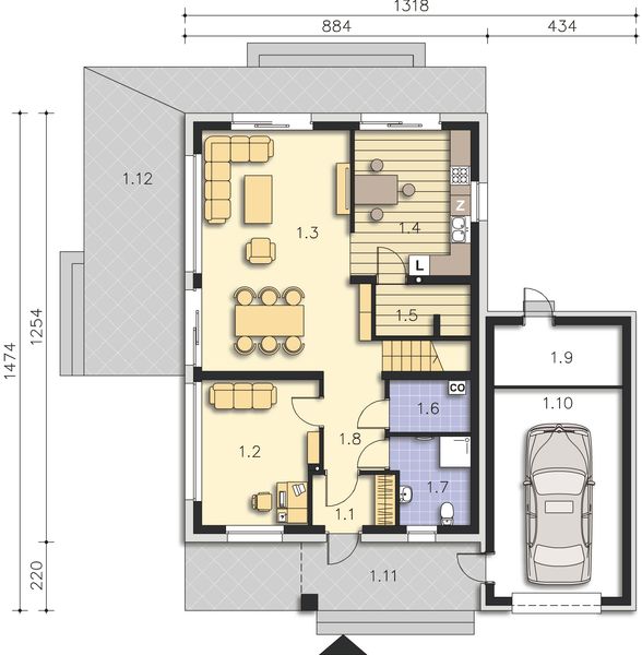 Projekt domu Bergamo III DCP343b - rzut parteru, dom liczy 4 pokoje, 2 łazienki i wc