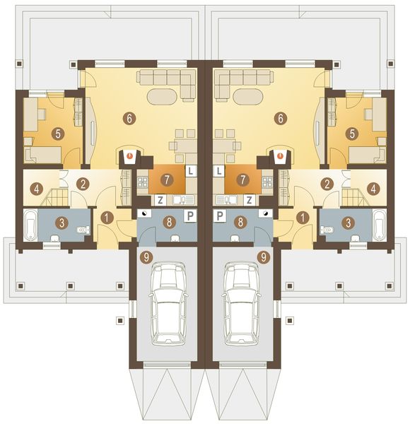 Parter projektu Eliza z garażem 1-st. bliźniak [A-BL1]