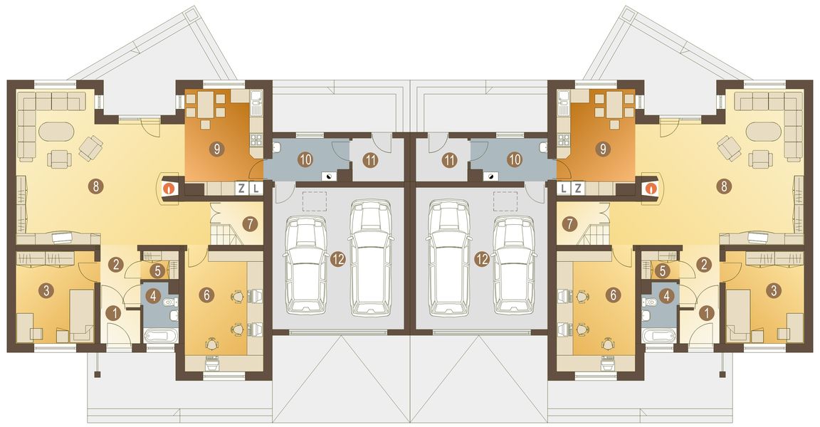 Parter projektu Dzięcioł z garażem 2-st. bliźniak [A-BL2]
