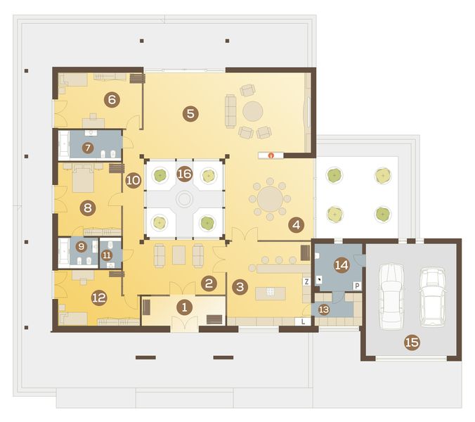 Parter projektu Alfa z garażem 2-st. [A]