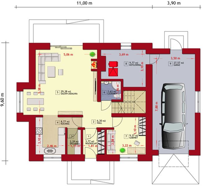 Parter projektu Dom w Pensylwanii 2 z garażem (kotłownia na paliwo stałe)