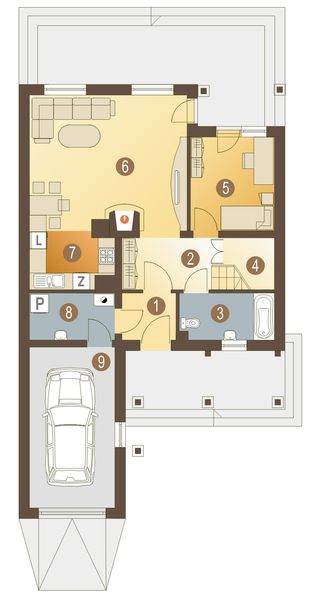 Projekt domu Eliza z garażem 1-st. [A] - rzut parteru, dom liczy 5 pokoje, 2 łazienki i wc