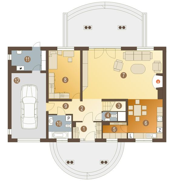 Parter projektu Jaskółka z garażem 1-st. [A]