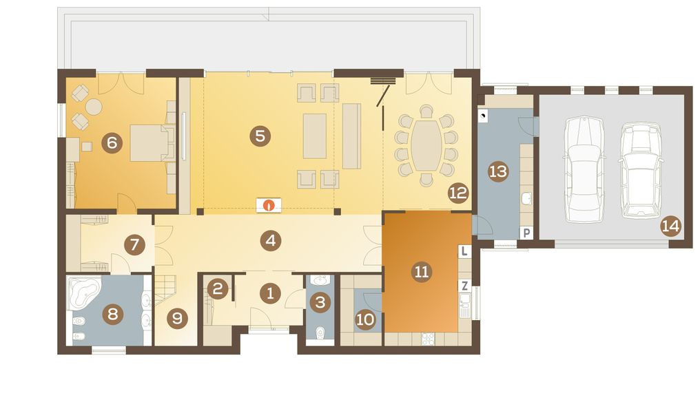 Parter projektu Beta z garażem 2-st. [A]