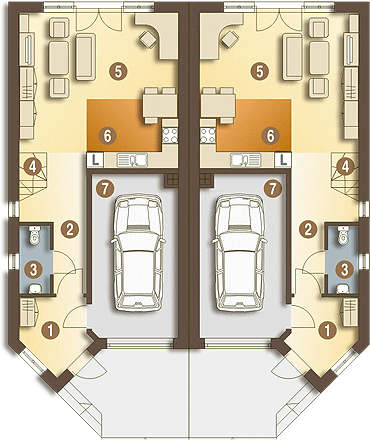 Parter projektu Papuga z garażem 1-st. bliźniak [A-BL1]