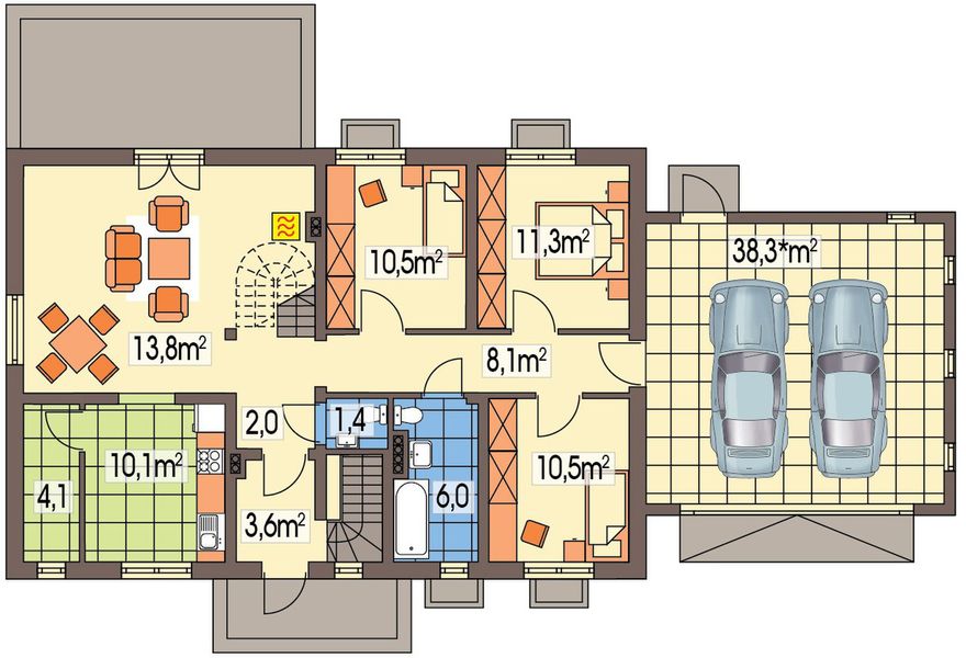 Parter projektu Gienia F z piwnicą, podwójny garaż, strop teriva