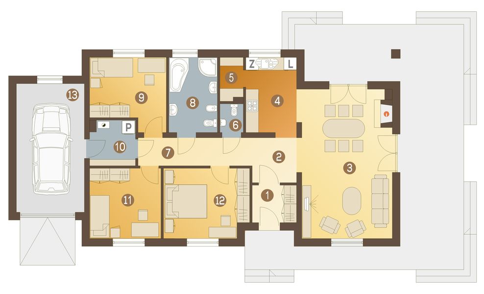 Parter projektu Luna z garażem 1-st. [A]