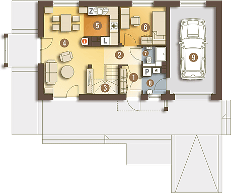 Parter projektu Eco 3 z garażem 1-st. [A]