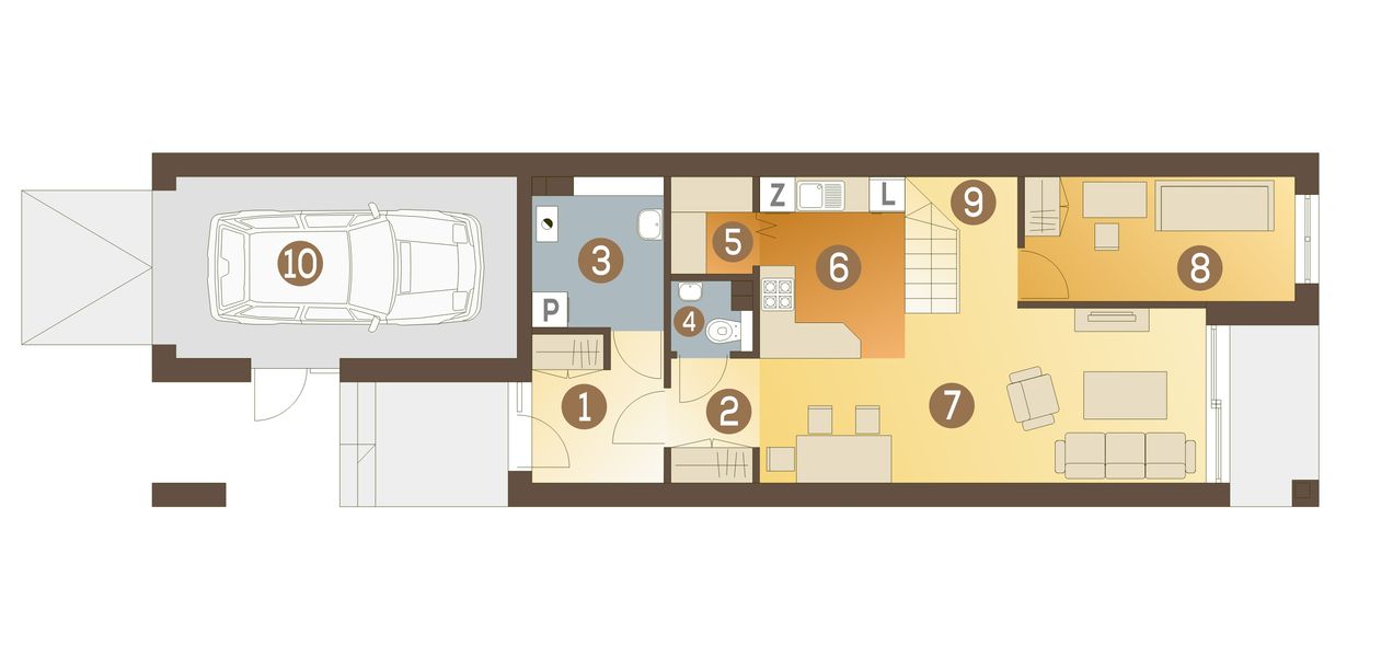 Parter projektu Long z garażem 1-st. [A]