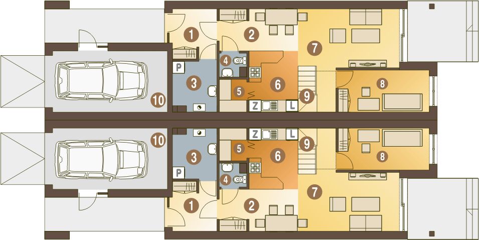 Parter projektu Long z garażem 1-st. bliźniak [A-BL1]