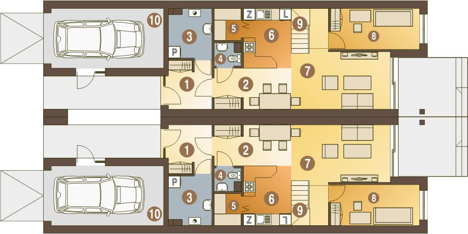 Parter projektu Long z garażem 1-st. bliźniak [A-BL2]