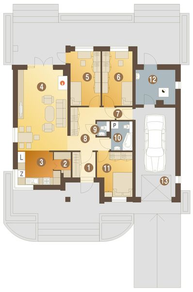 Projekt domu Jerzyk z garażem 1-st. [A] - rzut parteru, dom liczy 3 pokoje, 2 łazienki i wc