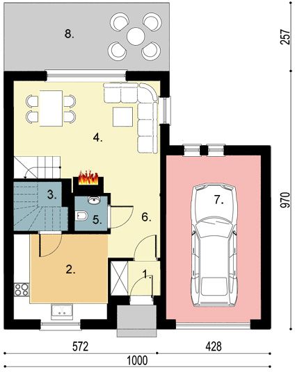 Projekt domu D55 - Małgosia - rzut parteru, dom liczy 2 pokoje, 2 łazienki i wc