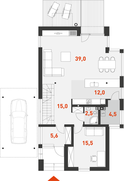 Projekt domu Współczesny 2 - rzut parteru, dom liczy 4 pokoje, 3 łazienki i wc