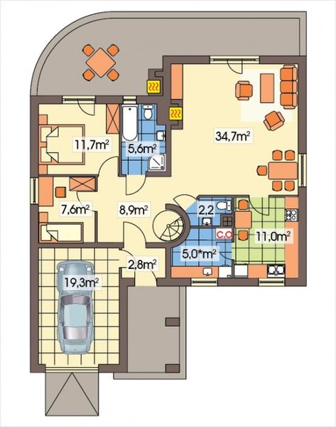 Parter projektu Wierzba B garaż z przodu schody kręte