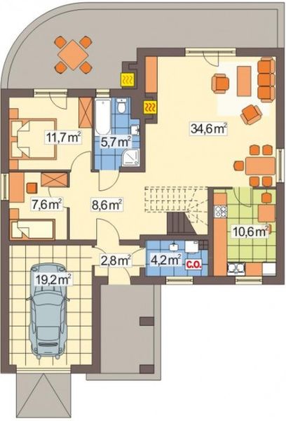 Parter projektu Wierzba B garaż z przodu schody proste