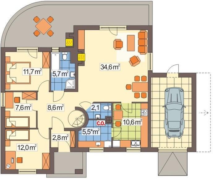 Parter projektu Wierzba C garaż z boku schody kręte