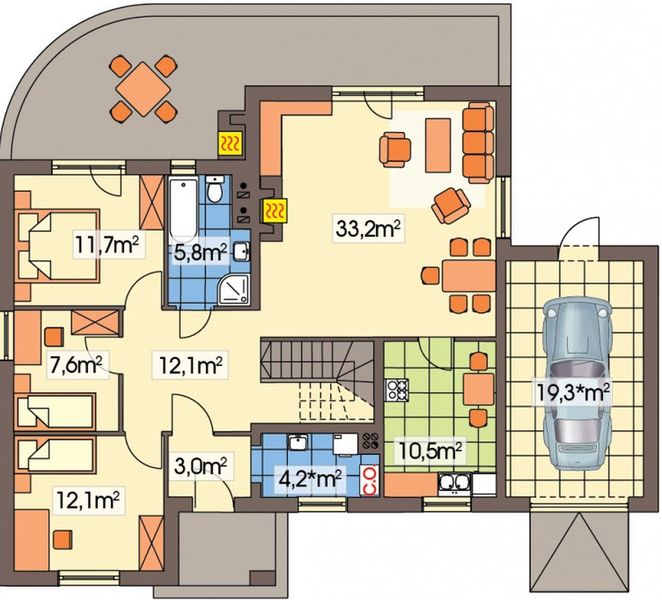 Parter projektu Wierzba C garaż z boku schody proste
