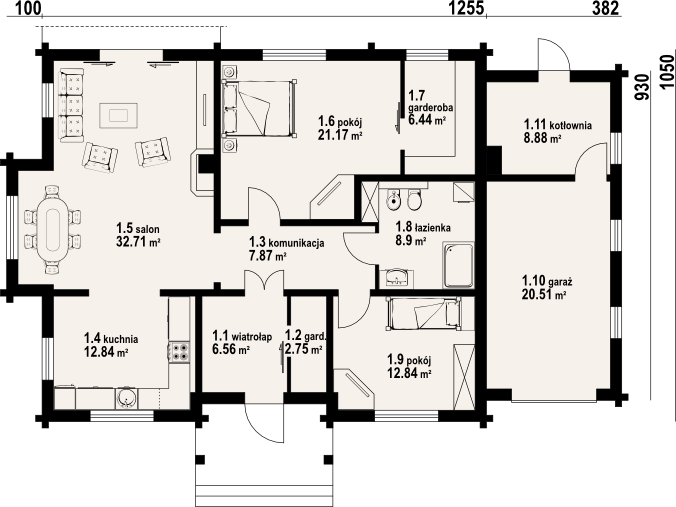 Parter projektu Dębina z garażem 3
