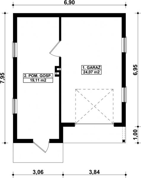 Projekt garażu G46 - Budynek garażowo - gospodarczy - rzut parteru, dom liczy 0 pokoje, 0 łazienki i wc