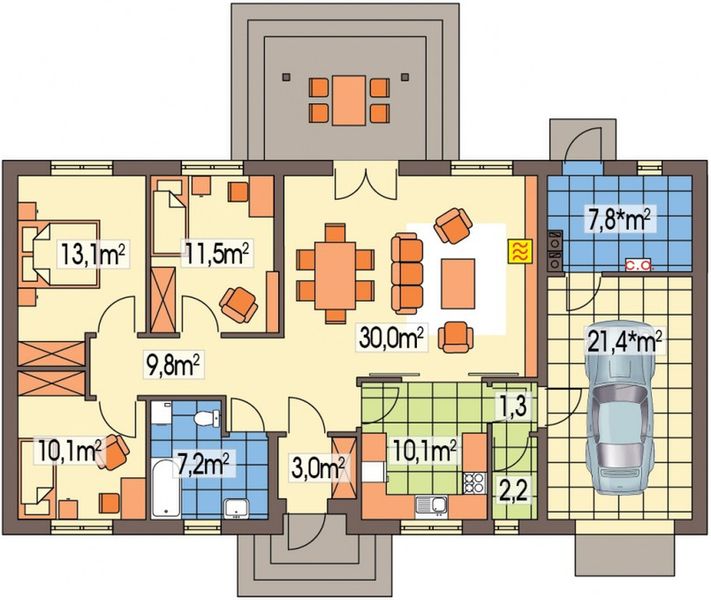 Parter projektu NINA 2 PLUS wersja D poj.garaż i kotł. z podwyższonym dachem, strop Teriva, paliwo stałe