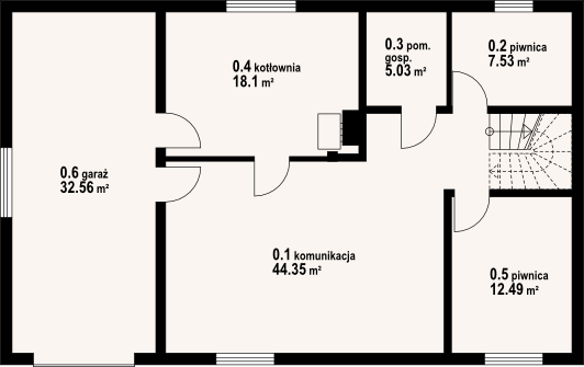 Projekt domu Milicz 61 dw - rzut piwnicy, dom liczy 4 pokoje, 2 łazienki i wc
