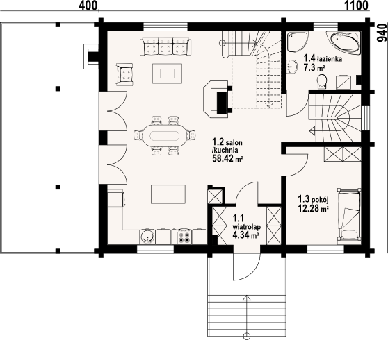 Projekt domu Milicz 61 dw - rzut parteru, dom liczy 4 pokoje, 2 łazienki i wc