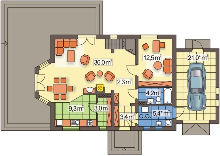 Parter projektu Ola 2 wersja B z pojedynczym garażem