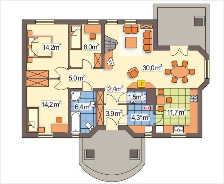 Parter projektu Frodo wersja A dach 4-spadowy bez garażu