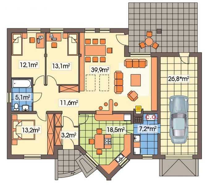 Parter projektu Irys 10-18 wersja B z pojedynczym garażem