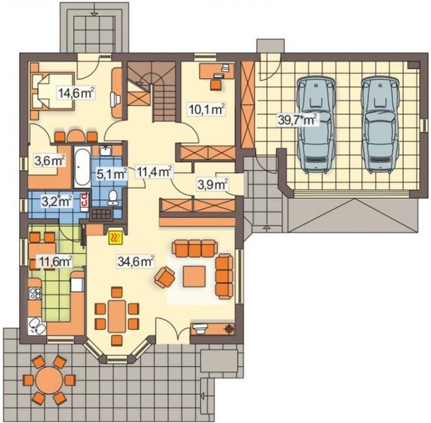 Parter projektu Konwalia wersja C z podwójnym garażem układ L