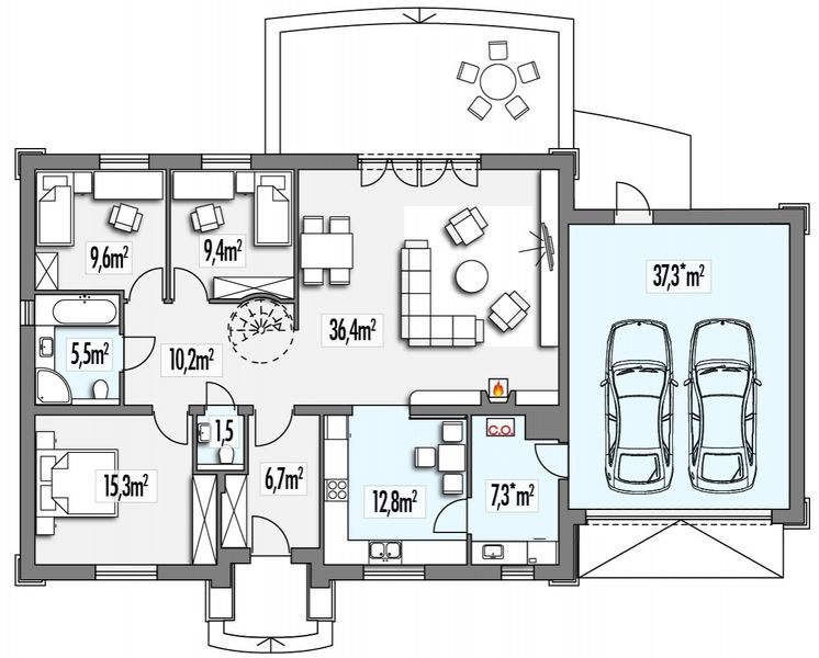 Parter projektu Azalia D z podwójnym garażem
