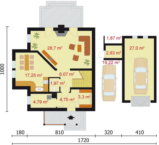Projekt domu Dolores - rzut parteru, dom liczy 3 pokoje, 2 łazienki i wc