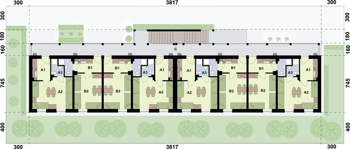 Piętro 1 projektu BSC4 budynek socjalny