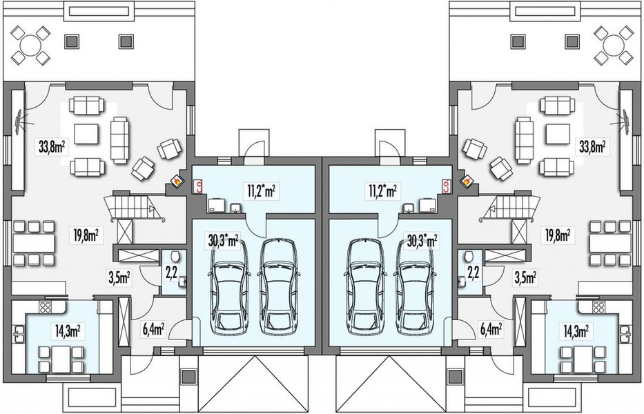 Parter projektu Cyprys B bliźniak - 2 garaże