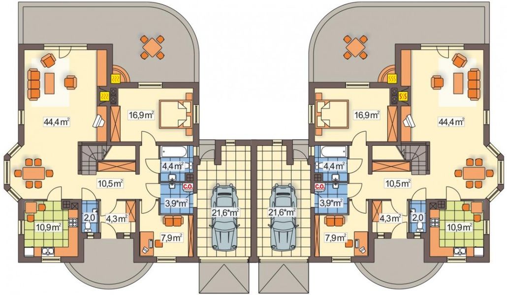 Parter projektu W Sam Raz bliźniak wersja B z pojedynczym garażem