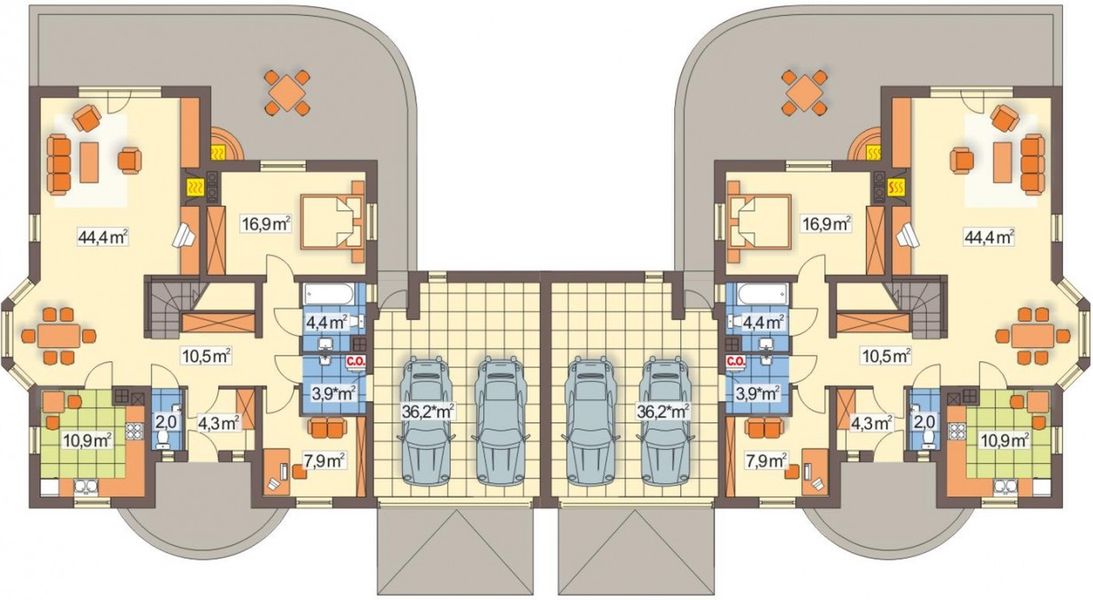 Parter projektu W Sam Raz bliźniak wersja D z podwójnym garażem
