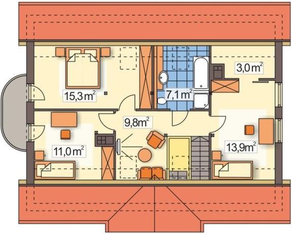 Poddasze projektu Tymek paliwo stałe wersja A z pojedynczym gar.