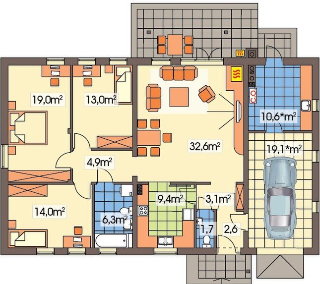 Parter projektu Wojtek 2 wersja B z pojedynczym gar. paliwo stałe