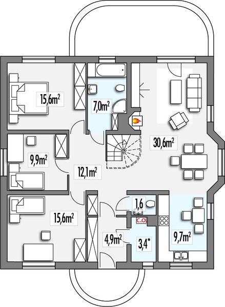 Parter projektu Calineczka wersja B z kalenicą prostopadłą do frontu