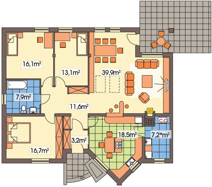 Parter projektu Irys 10-18 wersja A bez garażu poszerzony