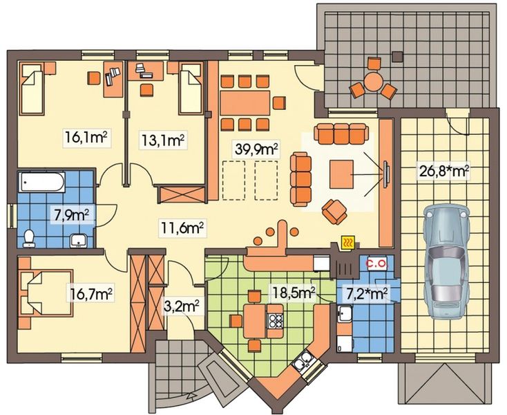 Parter projektu Irys 10-18 wersja B z pojedynczym garażem poszerzony