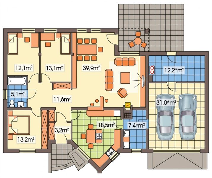 Parter projektu Irys 10-18 wersja C z podwójnym garażem