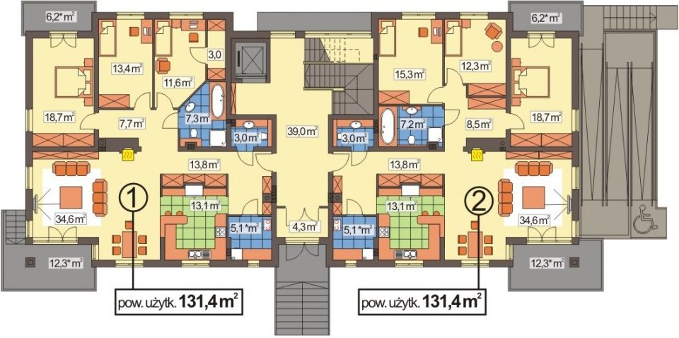 Projekt budynku wielorodzinnego Domy Szczęśliwe 1 wersja A - rzut parteru, dom liczy 16 pokoje, 10 łazienki i wc