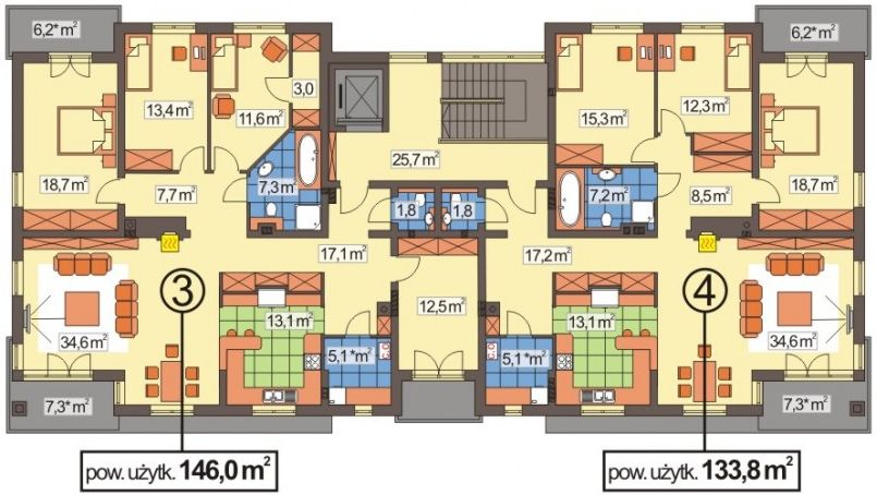 Projekt budynku wielorodzinnego Domy Szczęśliwe 1 wersja A - rzut 1 piętra, dom liczy 16 pokoje, 10 łazienki i wc